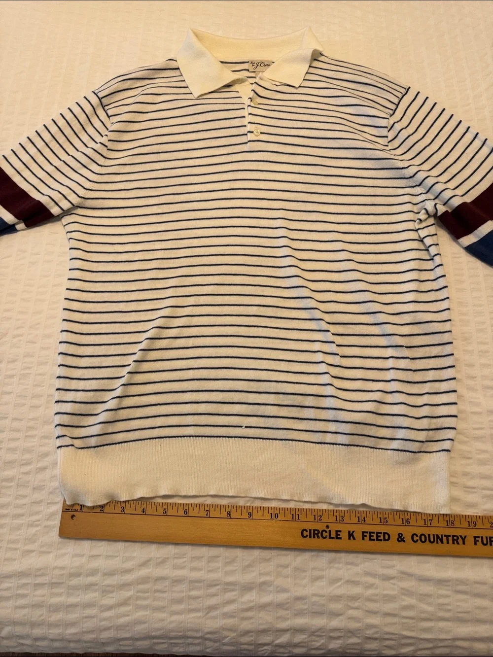 Men’s J.Crew L Striped Long-Sleeve Polo in White with Navy and Burgundy Accents